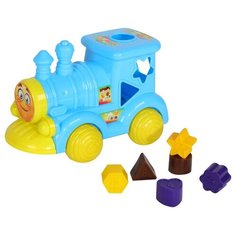 Каталка-Сортер "Паровоз", игрушка-каталка с колесами на веревочке, каталка, сортер, игрушка для малышей, игрушка развивающая, для детей, Голубой, веревочк 25х16х15 см Компания Друзей