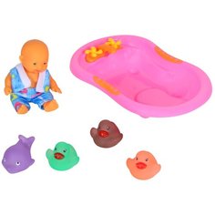 Пупс для девочек игрушечный, с игровым набором для купания, кукла для девочек, (пупс, утки, дельфин, ванна розовая), в/п 24*19*8см Компания Друзей