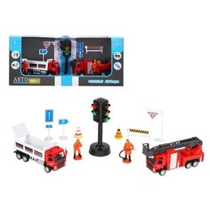 Машинка детская, металлическая, инерционная, Автопанорама, коллекционная, набор "Пожарная служба", М 1:72, 2 машинки Volvo FM, светофор (свет, звук), фигурки пожарных.