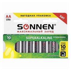Батарейки КОМПЛЕКТ 10 шт., SONNEN Super Alkaline, АА (LR06,15А), алкалиновые, пальчиковые, в коробке, 454231