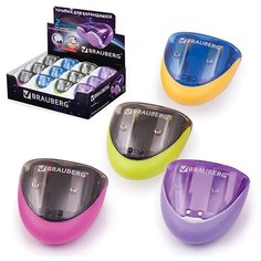 Точилка BRAUBERG "Space", с контейнером, 2 отверстия, резиновый упор, в картонном дисплее, ассорти, 223589