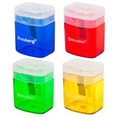 Точилка BRAUBERG "OfficeBox", с контейнером и крышкой, прямоугольная, в упаковке с подвесом, ассорти, 222494