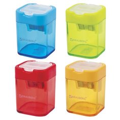 Точилка BRAUBERG "Peak" с контейнером, пластиковая, прямоугольная, 2 отверстия, цвет ассорти, 226945