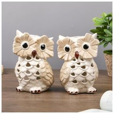 Сувенир керамика подсвечник "Филины" набор 2 шт 13,5х10х10 см 4295808 Сима ленд