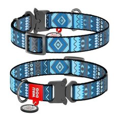 Ошейник WAUDOG Nylon с рисунком "Этно синий", металлическая пряжка-фастекс (ширина 15 мм, длина 23-35 см)