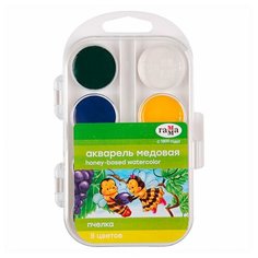 Краски акварельные гамма "Пчелка", 8 цветов, медовые, без кисти, пластиковая коробка, европодвес, 212068, 4 шт. Gamma