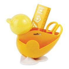 Канцелярский детский набор ЮНЛАНДИЯ "ЦЫПЛЕНОК", 4 предмета: подставка, линейка со скрепками, ножницы, ластик, цвет желтый, блистер, 236959