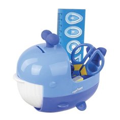 Канцелярский детский набор ЮНЛАНДИЯ "КИТ", 4 предмета: подставка, линейка со скрепками, ножницы, ластик, цвет - синий, блистер, 236955