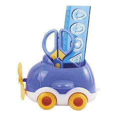 Канцелярский детский набор ЮНЛАНДИЯ "САМОЛЕТ", 4 предмета: подставка, линейка со скрепками, ножницы, ластик, цвет - синий, блистер, 236961