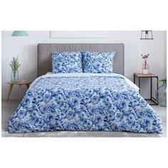 Постельное белье евростандарт Этель Голубые пионы, перкаль, 70 х 70 см, голубой/синий