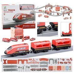 Железная дорога Oubaoloon локомотив, 2 вагона, 4 машины, вертолет, фигурка пожарного, в коробке (AU6883AB)