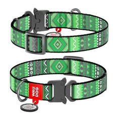 Ошейник WAUDOG Nylon с рисунком "Этно зеленый", металлическая пряжка-фастекс (ширина 15 мм, длина 23-35 см)