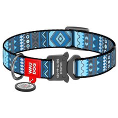 Ошейник WAU DOG Nylon с адресником и металлической пряжкой-фастекс 25 мм M, обхват шеи 31-49 см этно синий