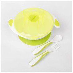 Набор детской посуды Mum&Baby Basic, 4 предмета: миска на присоске 400 мл, крышка, ложка, вилка, от 5 мес, цвет лайм (2352045)