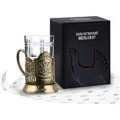 Подстаканник Кольчугинский мельхиор "Герб РФ" латунный со стаканом