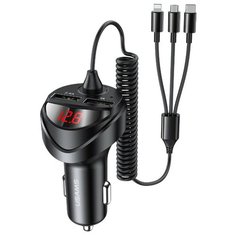 Автомобильное зарядное устройство Usams С22 на два USB: 2,4А и 1 А, с пружинным кабелем 3 в 1 (micro/lightning/TypeC), чёрное