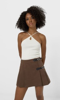 Stradivarius Плиссированная Юбка С Пряжками Коричневый L