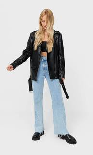 Stradivarius Куртка Объемного Кроя В Байкерском Стиле Из Искусственной Кожи Черный M