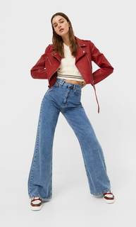 Stradivarius Куртка В Байкерском Стиле, Из Искусственной Кожи С Поясом Красный S