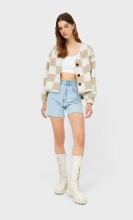 Stradivarius Кардиган В Клетку Бежевый Средний Xl