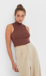 Stradivarius Топ С Высоким Воротником И Молнией Коричневый Xs