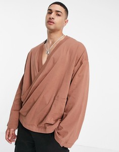 Коричневый трикотажный оversized-лонгслив с запахом ASOS DESIGN-Коричневый цвет