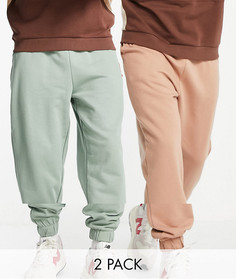 Набор из 2 oversized-джоггеров из органического хлопка коричневого цвета/хаки ASOS DESIGN-Разноцветный