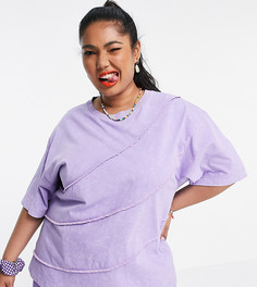 Сиреневая oversized-футболка с эффектом кислотной стирки и контрастными швами COLLUSION Plus-Фиолетовый цвет