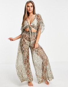 Пляжный комбинезон с широкими штанинами и змеиным принтом ASOS DESIGN-Multi