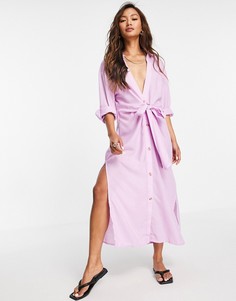Фиолетовое удлиненное платье-рубашка с завязками спереди River Island-Фиолетовый цвет
