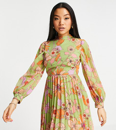 Платье мини с расклешенной плиссированной юбкой, длинными рукавами, высоким воротником и цветочным принтом в стиле 70-х ASOS DESIGN Petite-Разноцветный