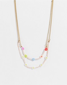 Разноцветное ожерелье с бусинами и цветами из бусин Monki Kit-Голубой