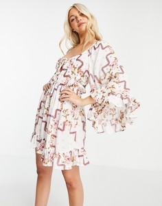 Платье мини с рукавами в стиле 70-х и цветочным принтом ASOS DESIGN-Разноцветный