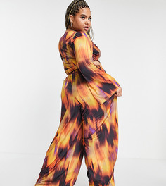 Широкие брюки без застежки с принтом пламени от комплекта в стиле 70-х ASOS DESIGN Curve-Multi