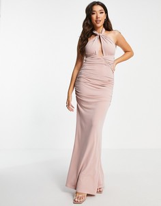 Серовато-бежевое присборенное платье макси с глубоким вырезом и завязкой на шее ASOS DESIGN-Розовый цвет
