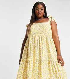 Желтое ярусное платье мини с завязками на плечах и цветочным принтом New Look Curve-Желтый