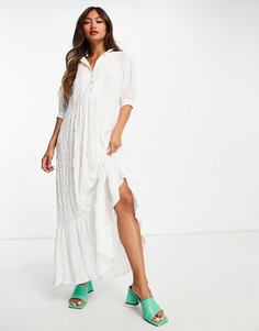 Кремовое платье-рубашка макси в стиле oversized и в фактурное полоску River Island-Белый