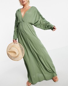 Пляжное платье макси цвета хаки с глубоким вырезом ASOS DESIGN-Зеленый цвет