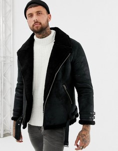 Байкерская куртка с подкладкой из искусственного меха ASOS DESIGN-Черный