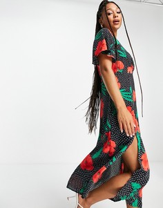 Платье миди с цветочным принтом и разрезом сбоку Girl In Mind-Разноцветный