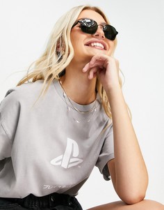 Светло-серая выбеленная футболка в стиле oversized с принтом "PlayStation" ASOS DESIGN-Серый