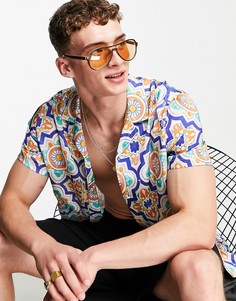 Свободная рубашка с отложным воротником и принтом в стиле керамической плитки ASOS DESIGN-Белый