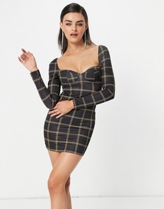Платье мини в клетку с длинными рукавами и формованным чашечками ASOS DESIGN-Многоцветный