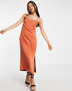 Рыжее атласное платье-комбинация миди с ремешками спереди Topshop-Красный
