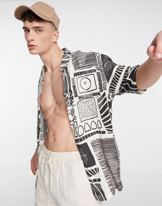 Бежевая рубашка в стиле oversized с линейным принтом Bershka-Светло-бежевый цвет