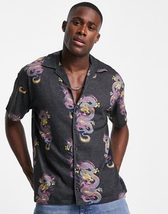 Черная рубашка с короткими рукавами, отложным воротником и принтом драконов Jack & Jones Originals-Черный цвет
