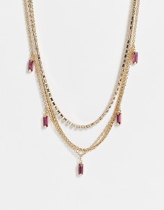 Золотистое ярусное ожерелье-чокер с розовыми кристаллами Topshop-Золотистый