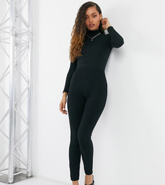 Черный облегающий комбинезон в рубчик с высоким воротником ASOS DESIGN Petite
