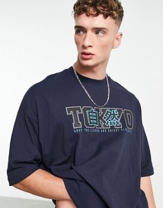 Темно-синяя oversized-футболка с многослойным принтом "Tokyo" ASOS DESIGN-Темно-синий