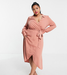 Платье миди терракотового цвета с запахом, воротником и завязывающимся поясом ASOS DESIGN Curve-Розовый цвет